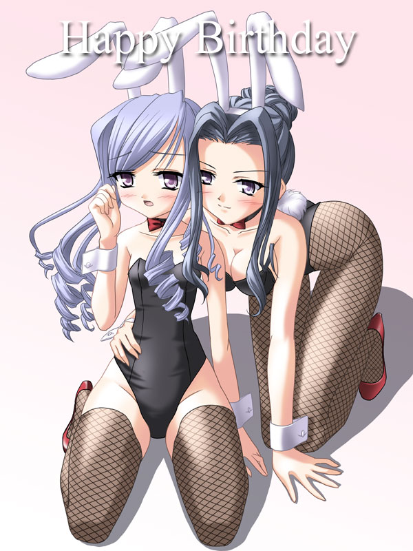masakichi (crossroad), aria (sister princess), jiiya, jiiya (sister princess), sister princess, red footwear, 00s, 2girls, all fours, animal ears, bare shoulders, black hair, blush, bow, bowtie, breasts, cleavage, drill hair, fake animal ears, fishnet pantyhose, fishnets, flat chest, hair bun, high heels, kneeling, large breasts, leotard, multiple girls, open mouth, pantyhose, playboy bunny, purple eyes, purple hair, rabbit ears, rabbit tail, shoes, small breasts, tail, thighhighs, wrist cuffs