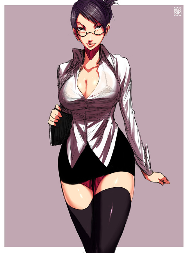 character request, copyright request, 1girl, black-framed eyewear, black hair, black skirt, black thighhighs, blouse, bra, breasts, cleavage, collarbone, collared shirt, cropped legs, female focus, glasses, holding, huge breasts, impossible clothes, impossible shirt, lips, long sleeves, looking at viewer, miniskirt, pencil skirt, see-through clothes, semi-rimless eyewear, shirt, skirt, solo, thighhighs, under-rim eyewear, underwear, white shirt