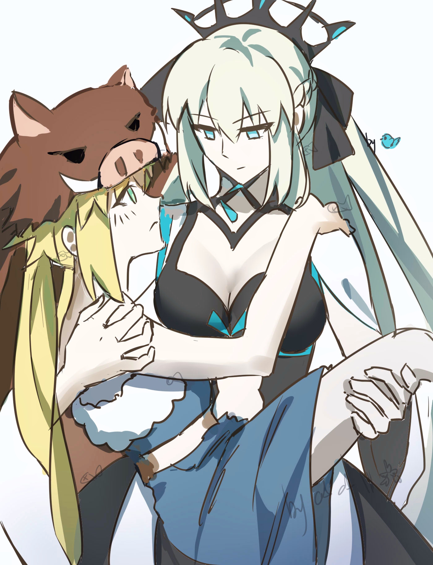artoria caster (fate), artoria pendragon (fate), morgan le fay (fate), morgan le fay (third ascension) (fate), fate/grand order, fate (series), highres, 2girls, alizi795, animal hood, black bow, black dress, black tiara, blonde hair, blue eyes, boar hood, bow, dress, green eyes, hair between eyes, hair bow, hood, long hair, multiple girls, ponytail, simple background, spikes, tiara, very long hair, white background, white hair