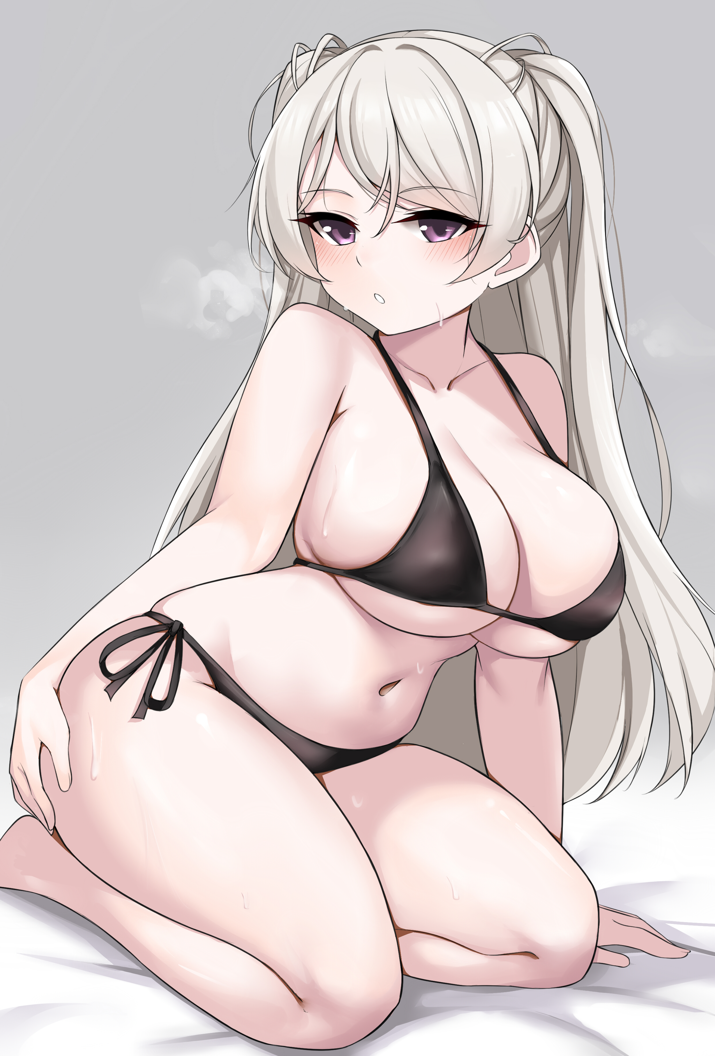 jiangyou dang, conte di cavour (kancolle), conte di cavour (swimsuit) (kancolle), kantai collection, absurdres, highres, 1girl, bikini, black bikini, blush, breasts, brown eyes, cleavage, collarbone, grey background, grey hair, heavy breathing, large breasts, long hair, looking at viewer, navel, official alternate costume, on bed, sitting, solo, swimsuit, two side up, wariza