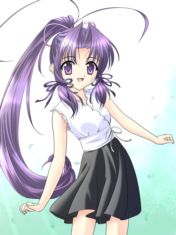 masakichi (crossroad), haruka (sister princess), sister princess, 00s, 1girl, antenna hair, bare shoulders, black skirt, casual, contrapposto, cowboy shot, female focus, gradient background, long hair, looking at viewer, ponytail, purple eyes, purple hair, shirt, simple background, skirt, sleeveless, sleeveless shirt, solo, standing, very long hair, white shirt