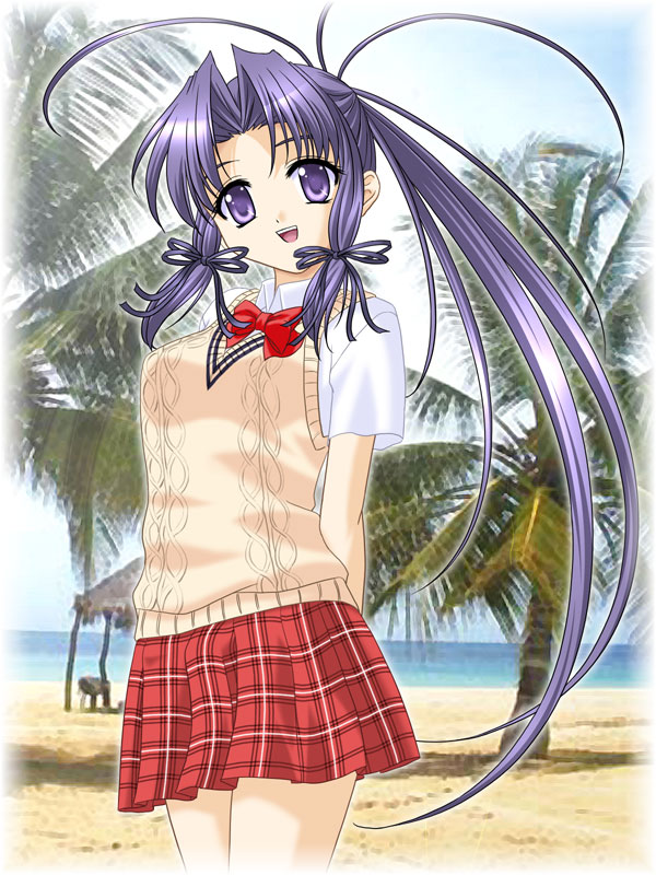 masakichi (crossroad), haruka (sister princess), sister princess, 00s, 1girl, :d, antenna hair, bow, bowtie, breasts, female focus, large breasts, long hair, looking at viewer, open mouth, plaid clothes, plaid skirt, ponytail, purple eyes, purple hair, red bow, red bowtie, red skirt, school uniform, serafuku, short sleeves, skirt, smile, solo, standing, sweater vest, very long hair