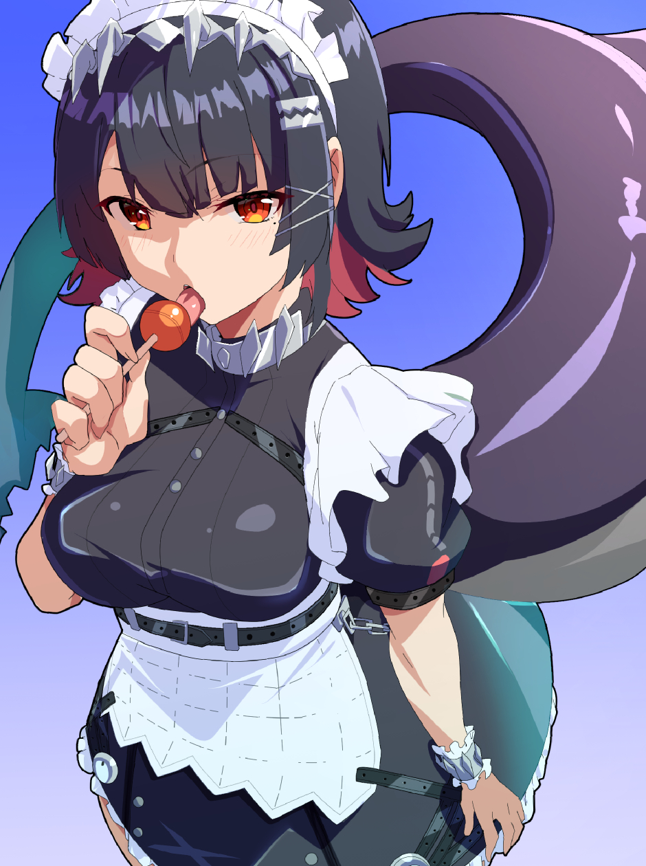 moroheiya (moroheiya-works), ellen joe, zenless zone zero, highres, 1girl, armband, black hair, blue background, blush, candy, chain, colored inner hair, fins, fish tail, food, hairband, holding, holding candy, holding food, holding lollipop, licking, lollipop, maid headdress, metal hairband, mole, mole under eye, multicolored hair, razor blade hair ornament, red eyes, red nails, shark girl, shark tail, solo, spiked headband, tail, tongue, tongue out
