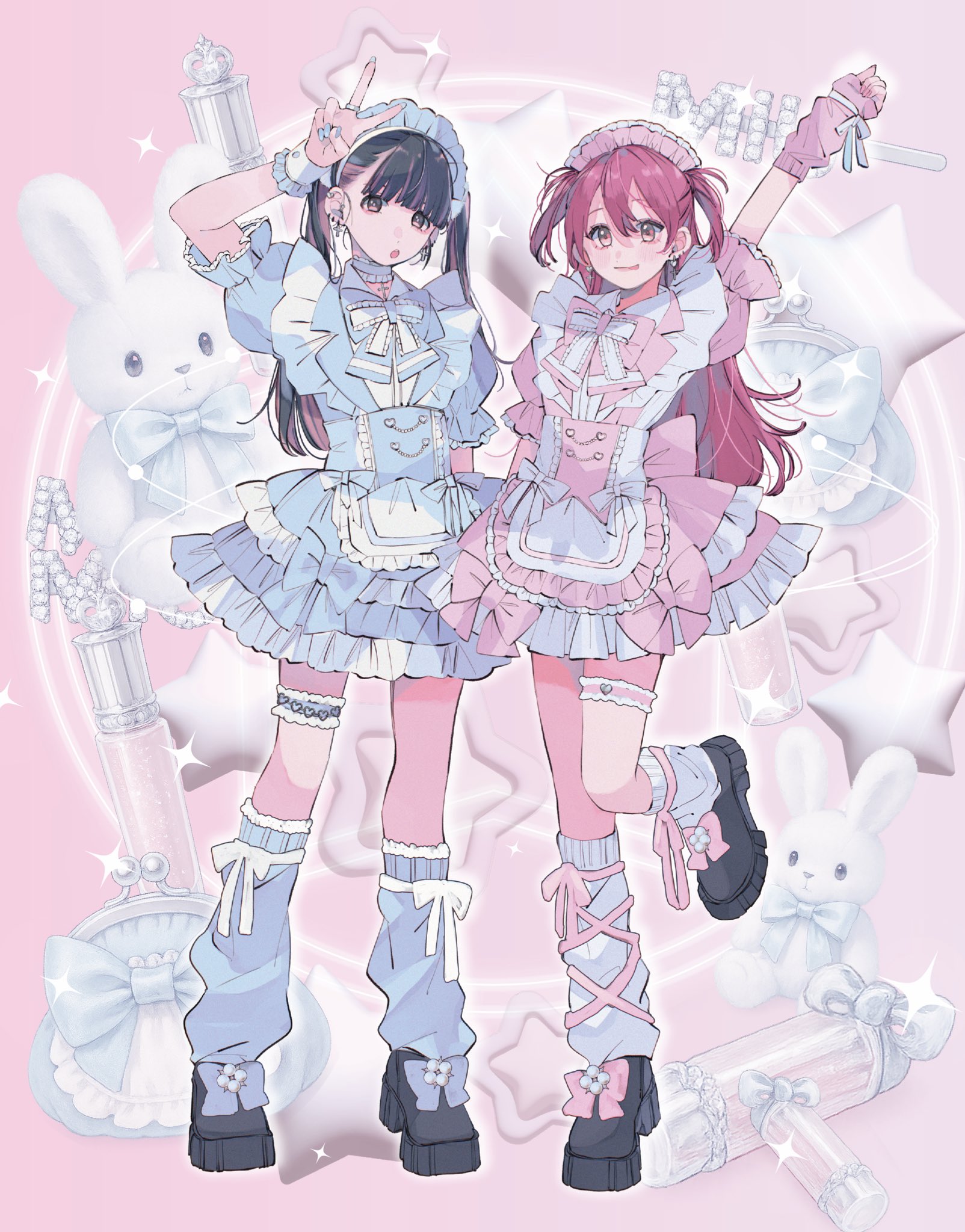 kashiwagi tsukiko, kuran arisa, ogino ichiko, inkya gyaru demo ikigaritai!, commentary, highres, 2girls, black hair, black shoes, blue dress, blue leg warmers, blue nails, dress, ear piercing, earrings, hair between eyes, hand up, jewelry, leg warmers, maid, maid headdress, multiple girls, nail polish, open mouth, piercing, pink dress, pink nails, red eyes, red hair, shoes, short sleeves, standing, standing on one leg, thigh strap, twintails, two side up, v, white leg warmers, white wrist cuffs, wrist cuffs