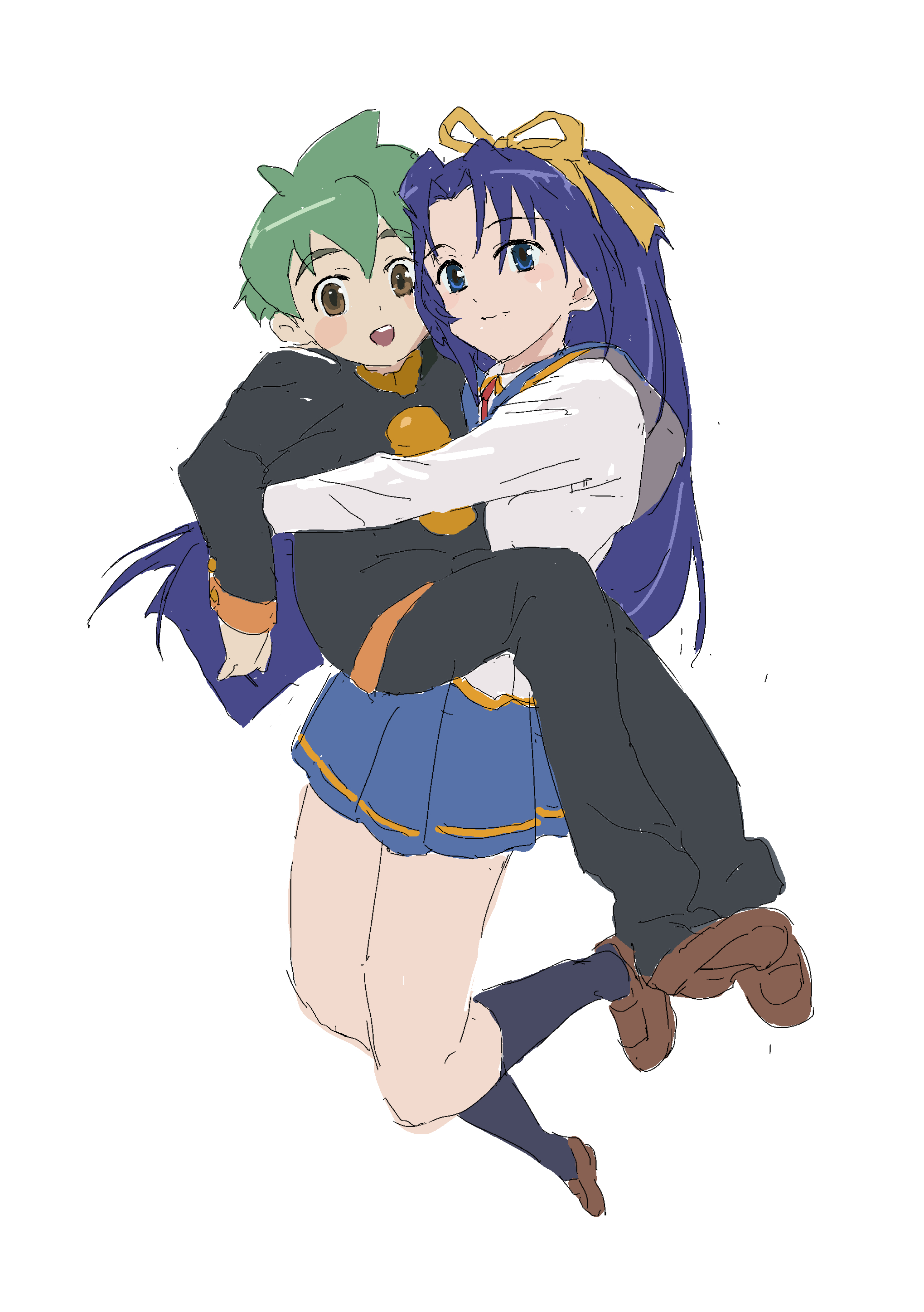mmmkawaine, takasu ayako, yoshimura mamoru, mamoru-kun ni megami no shukufuku wo!, absurdres, highres, 1boy, 1girl, black pants, black shirt, black socks, blue eyes, blue hair, blue skirt, blush, bow, green hair, hair ribbon, hug, kneehighs, loafers, long hair, long sleeves, looking at viewer, open mouth, pants, ribbon, school uniform, serafuku, shirt, shoes, short hair, simple background, skirt, socks, thick eyebrows, very long hair, white background, white shirt, yellow bow, yellow ribbon