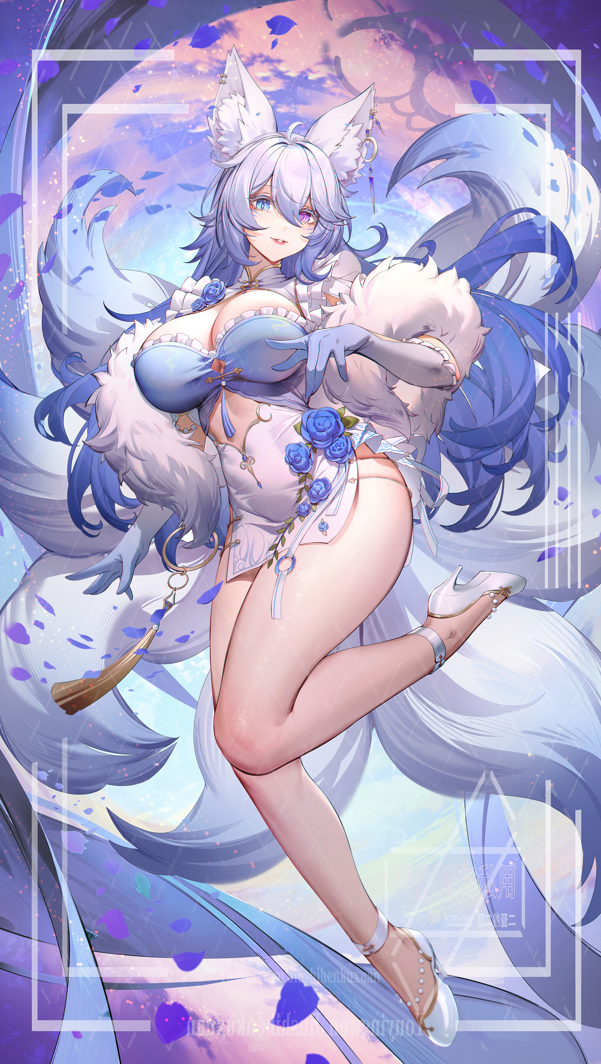 q18607, original, absurdres, chinese commentary, commentary request, highres, 1girl, ahoge, animal ear fluff, animal ears, blue eyes, blue gloves, blue hair, breasts, china dress, chinese clothes, cleavage, clothing cutout, cutout above navel, dress, dress flower, ear ornament, elbow gloves, facial mark, falling petals, floating hair, flower, frilled dress, frills, full body, full moon, fur trim, gloves, gold trim, gradient gloves, gradient hair, gradient tail, hair between eyes, hand up, heterochromia, high heels, large breasts, legs, light particles, long hair, looking at viewer, midair, moon, multicolored hair, multiple tails, parted lips, petals, purple eyes, short dress, sidelocks, solo, tail, tassel, two-tone dress, very long hair, watermark, white dress, white hair