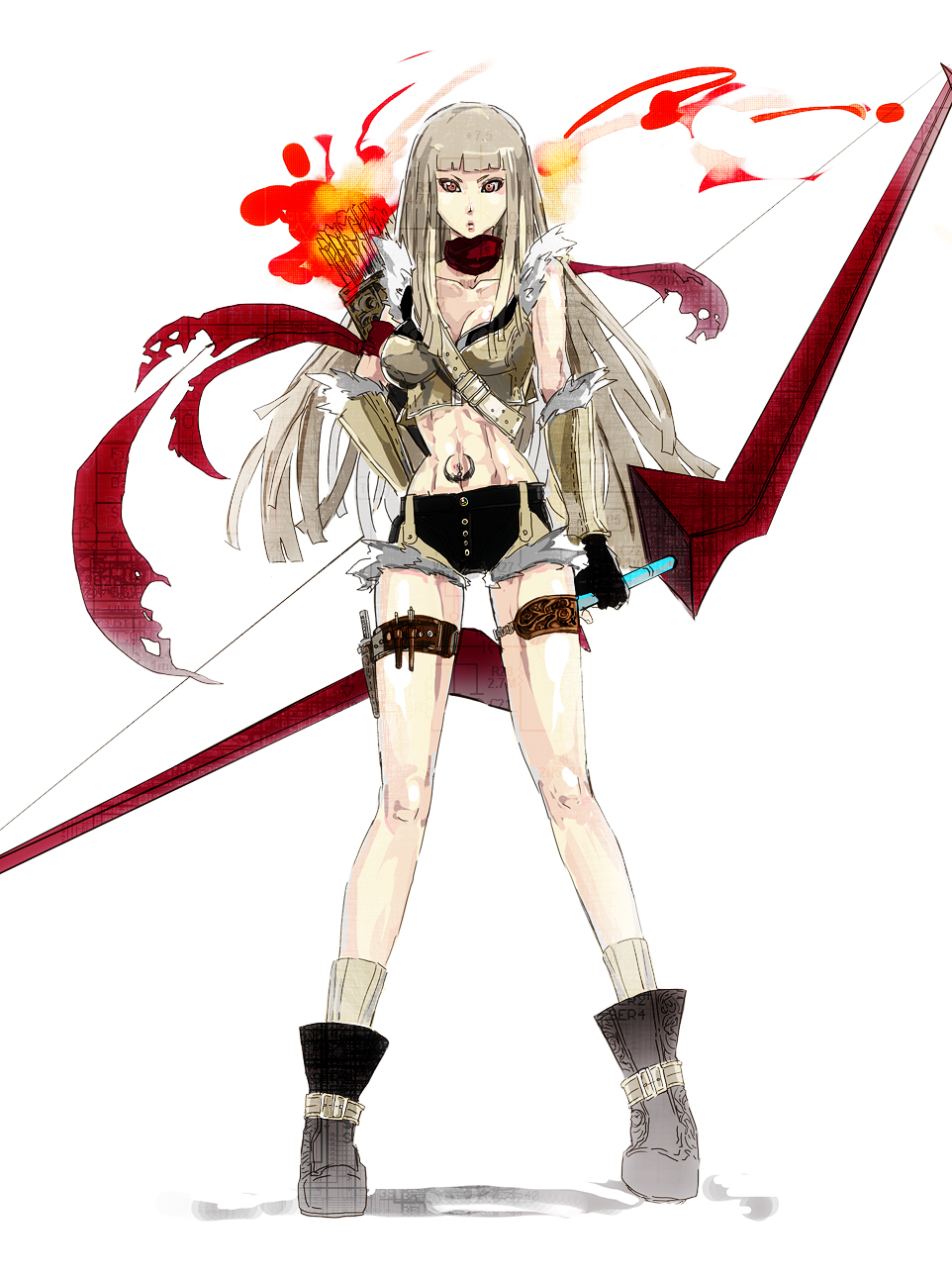 nameco, sniper (ragnarok online), ragnarok online, sniper, bad id, bad pixiv id, highres, abs, bow (weapon), gloves, long hair, midriff, red eyes, standing, weapon