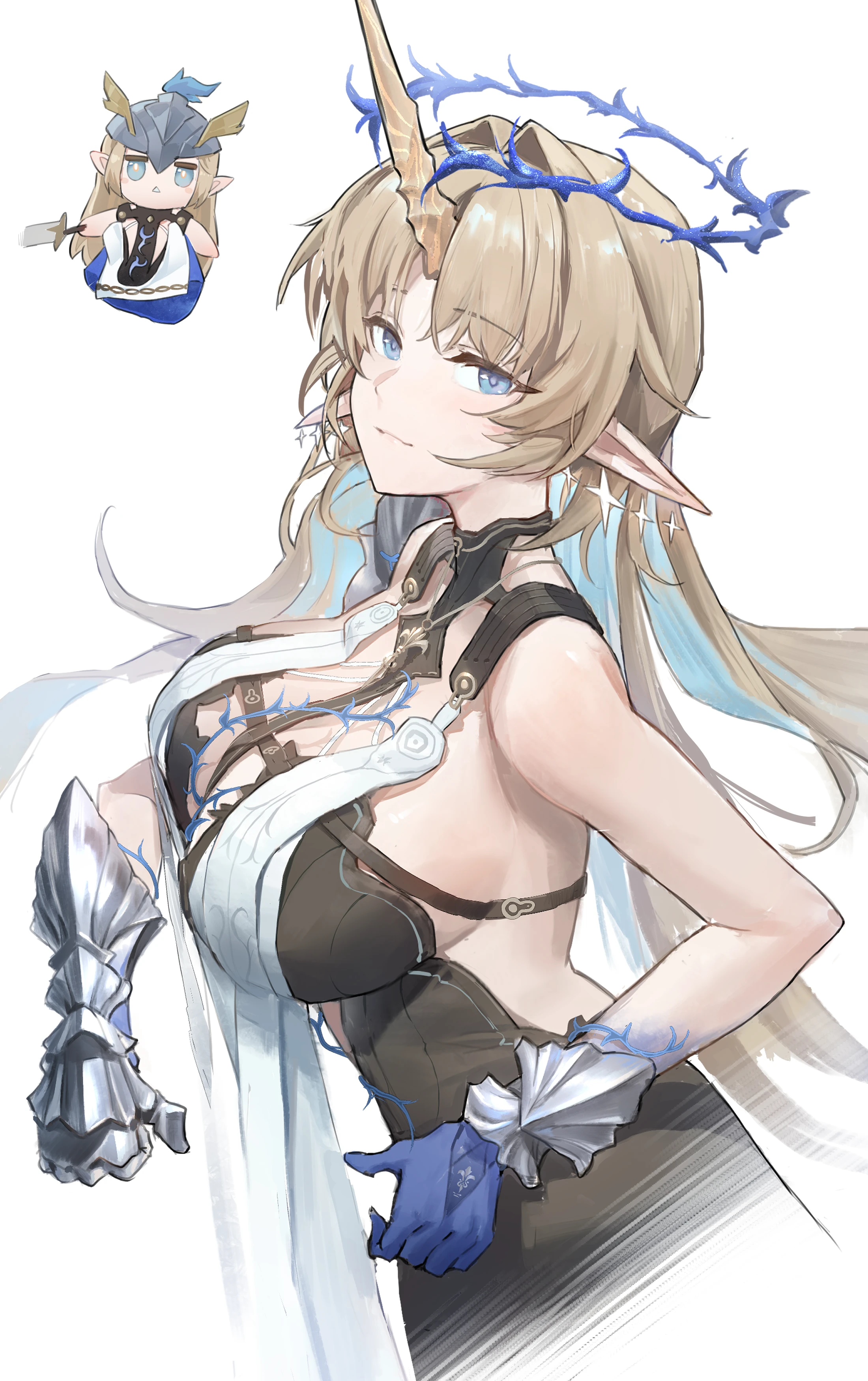 jimizuai-, fleurdelys (wuthering waves), wuthering waves, absurdres, highres, 1girl, armored gloves, bare shoulders, black collar, black dress, blonde hair, blue eyes, blue hair, breasts, closed mouth, collar, colored inner hair, crown of thorns, dress, earrings, floating earrings, from side, hair intakes, hand puppet, horns, jewelry, large breasts, long horns, looking at viewer, looking to the side, missing commentary, multicolored hair, necklace, parted bangs, pointy ears, puppet, simple background, single horn, smile, solo, white background, yellow horns