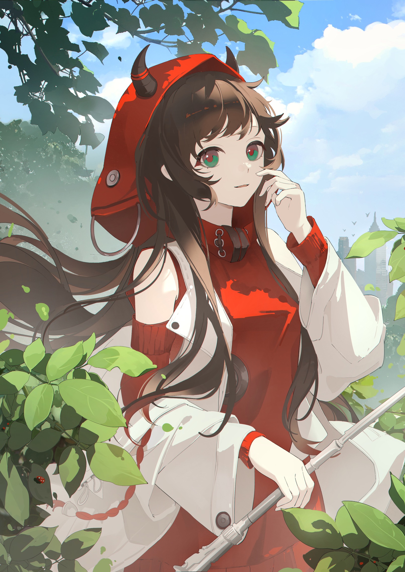 huazihuazihz, paprika (arknights), arknights, chinese commentary, commentary request, highres, 1girl, bare shoulders, black horns, brown hair, cloud, day, dress, green eyes, hand on own cheek, hand on own face, holding, hood, hood up, hooded dress, horns, horns through hood, leaf, light smile, long hair, long sleeves, looking at viewer, outdoors, parted lips, plant, red dress, solo, standing, wind