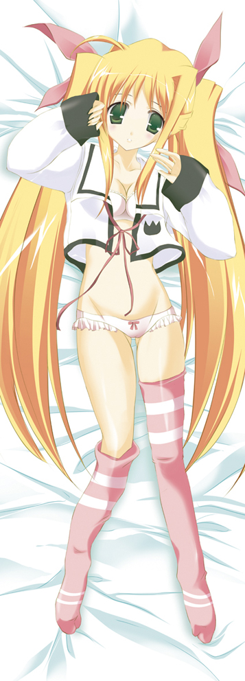 fate testarossa, lyrical nanoha, mahou shoujo lyrical nanoha, 00s, 1girl, bed, blonde hair, bra, female focus, lingerie, long hair, lying, open clothes, open shirt, panties, shirt, solo, thighhighs, underwear, very long hair