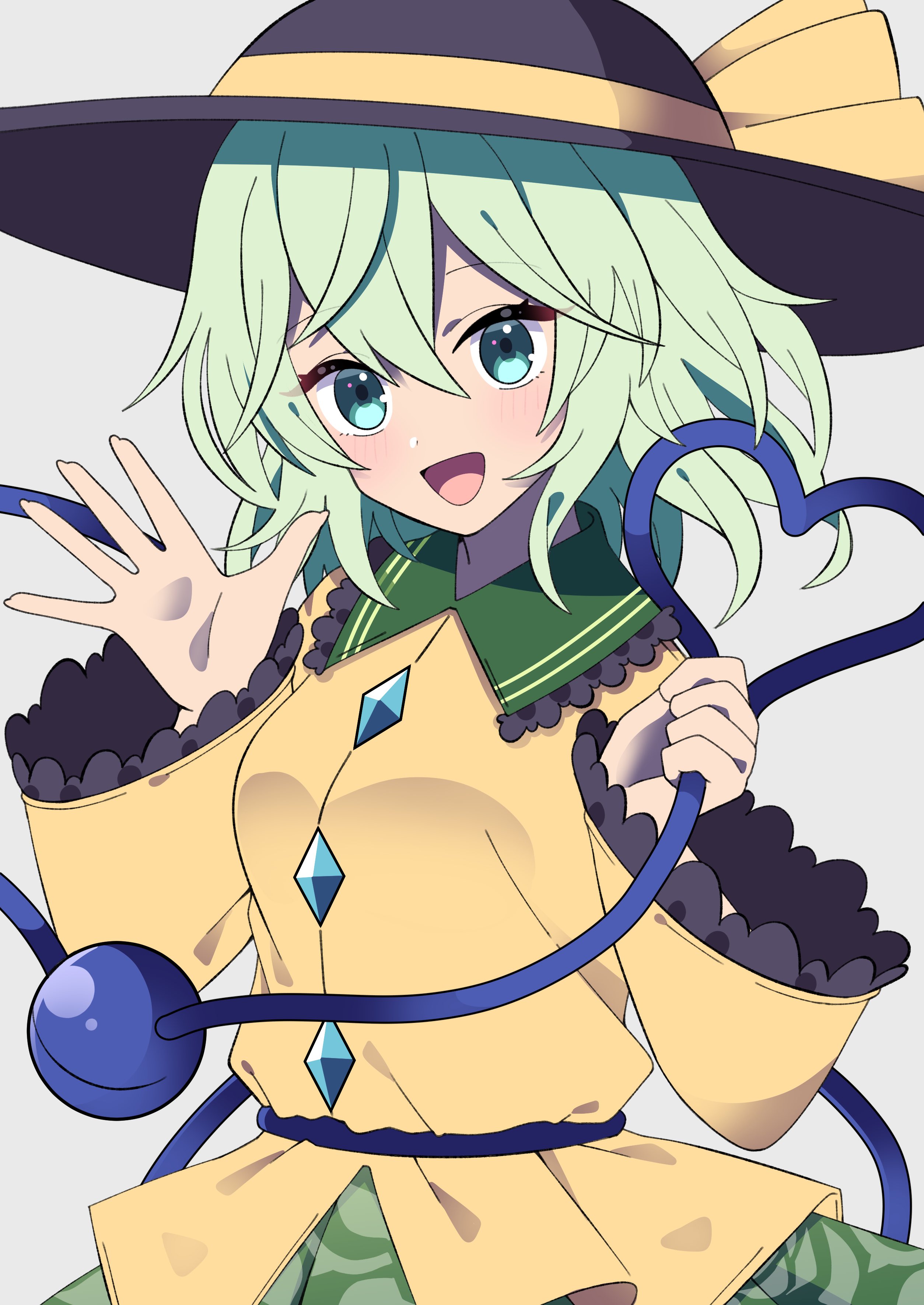 rain leyley, komeiji koishi, touhou, absurdres, highres, 1girl, black hat, buttons, diamond button, eyeball, floral print, frilled shirt collar, frilled sleeves, frills, green eyes, green hair, green skirt, hat, hat ribbon, heart, heart of string, ribbon, rose print, shirt, skirt, smile, third eye, waving, white background, wings, yellow ribbon, yellow shirt