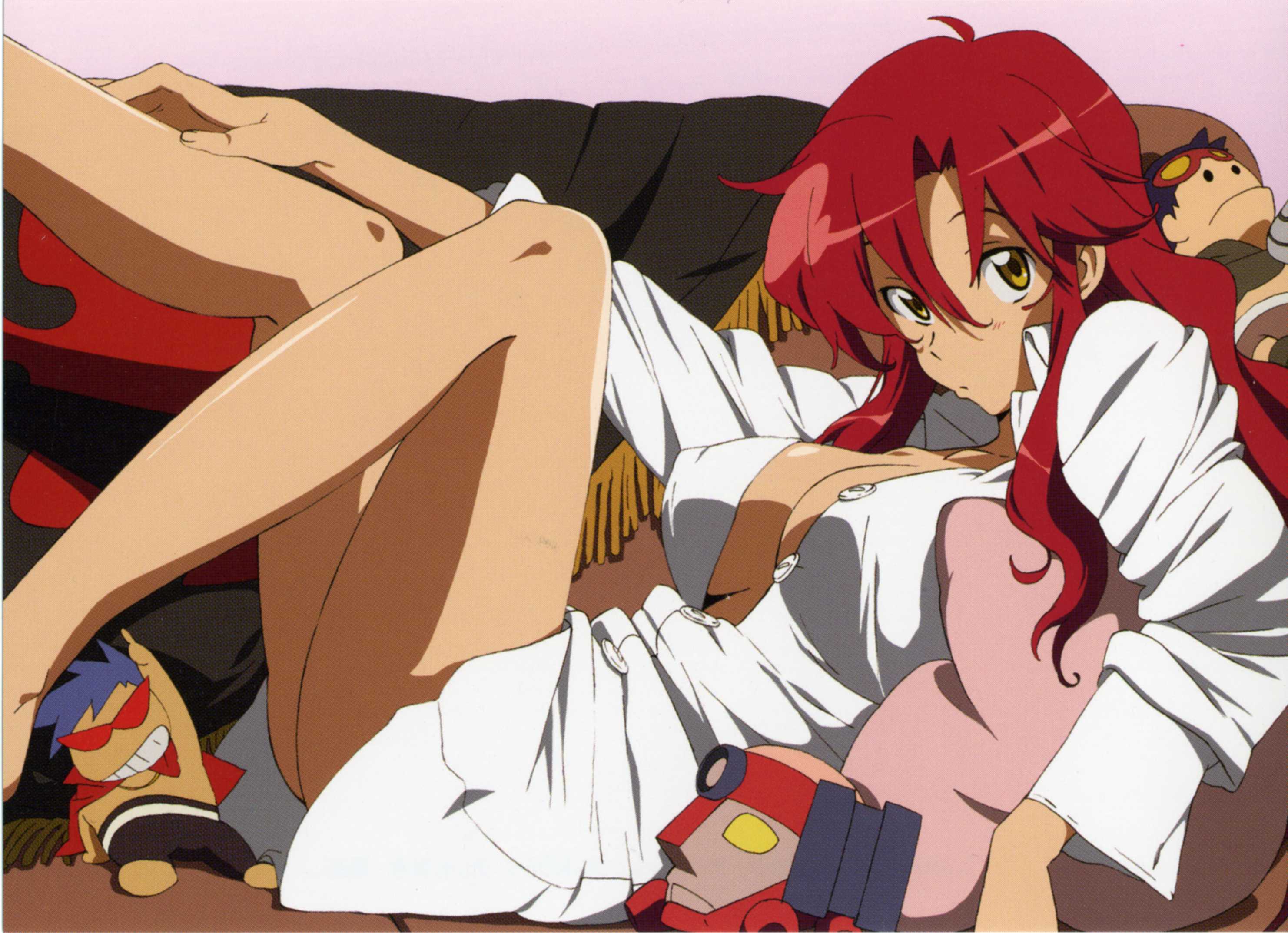 kamina (ttgl), lagann, simon (ttgl), yoko littner, tengen toppa gurren lagann, highres, official art, scan, 00s, 1girl, :/, bare legs, breasts, character doll, cleavage, doll, female focus, hair down, large breasts, legs, long hair, open clothes, open shirt, pillow, red hair, shirt, solo, yellow eyes