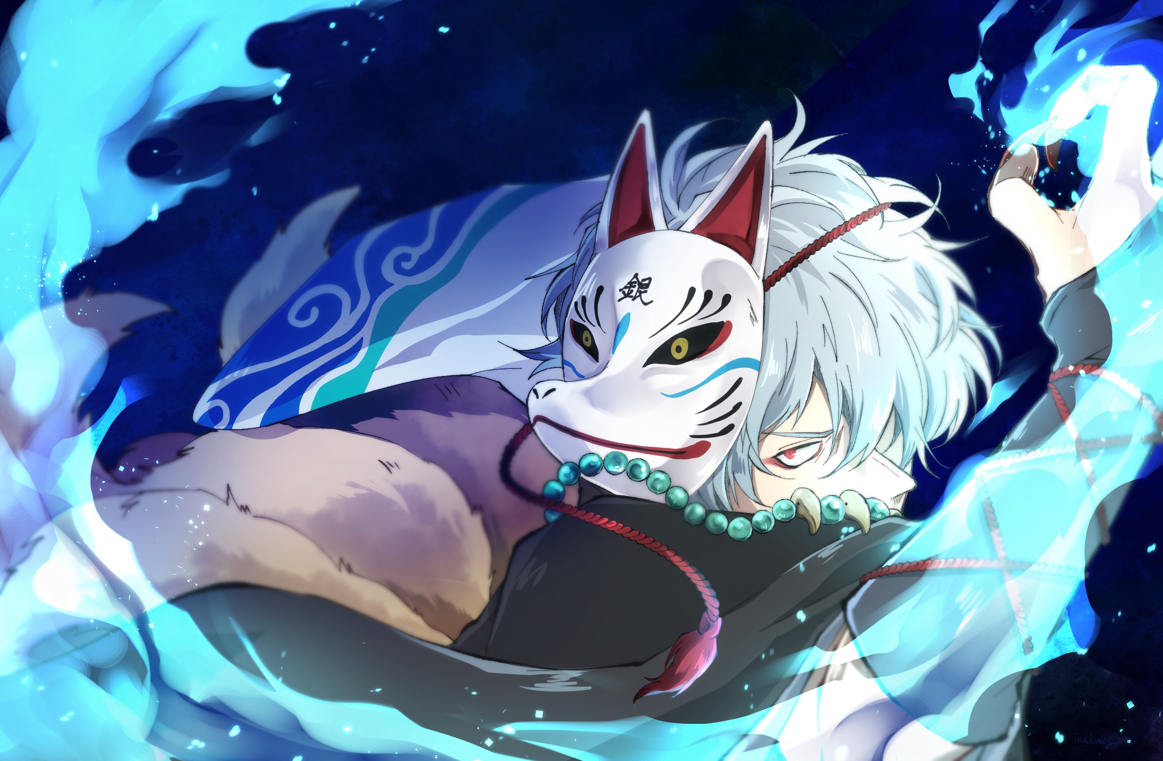 sakata gintoki, gintama, highres, 1boy, blue fire, embers, fire, fox mask, gauntlets, looking at viewer, male focus, mask, mask on head, nemuridake, red eyes, solo, white hair