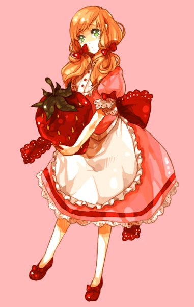 dada, dada (dolce), original, bad id, bad pixiv id, 1girl, dress, female focus, food, fruit, green eyes, hair ribbon, holding, holding food, holding fruit, long hair, orange hair, ribbon, solo, strawberry, twintails