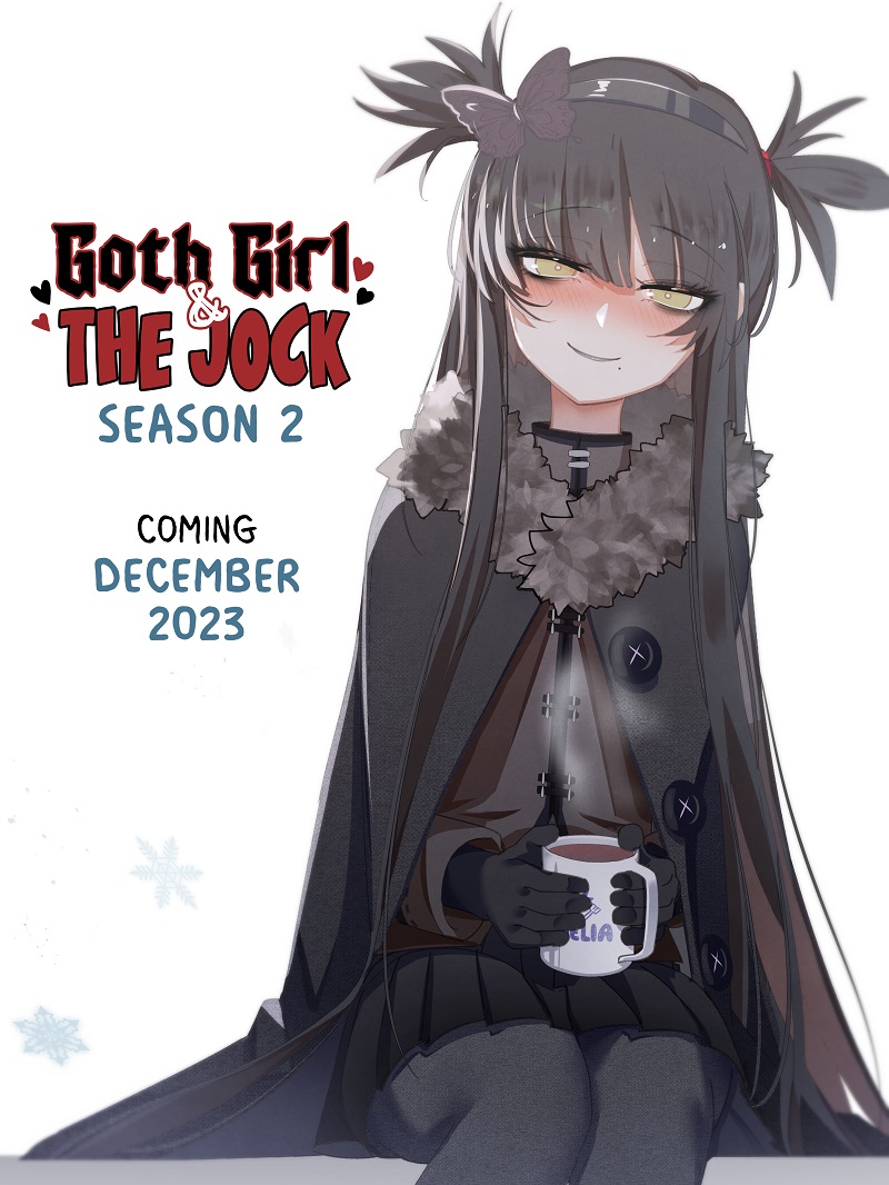 at2., ophelia (merryweather), 1girl, announcement, black coat, black gloves, black hair, black hairband, black pantyhose, black skirt, blush, bright pupils, butterfly hair ornament, closed mouth, coat, copyright name, cowboy shot, cup, fur-trimmed coat, fur trim, gloves, goth girl and the jock, hair ornament, hairband, heart, holding, holding cup, long hair, long sleeves, looking at viewer, mole, mole under mouth, pantyhose, sitting, skirt, smile, solo, steaming cup, swept bangs, two side up, very long hair, white background, white pupils, yellow eyes