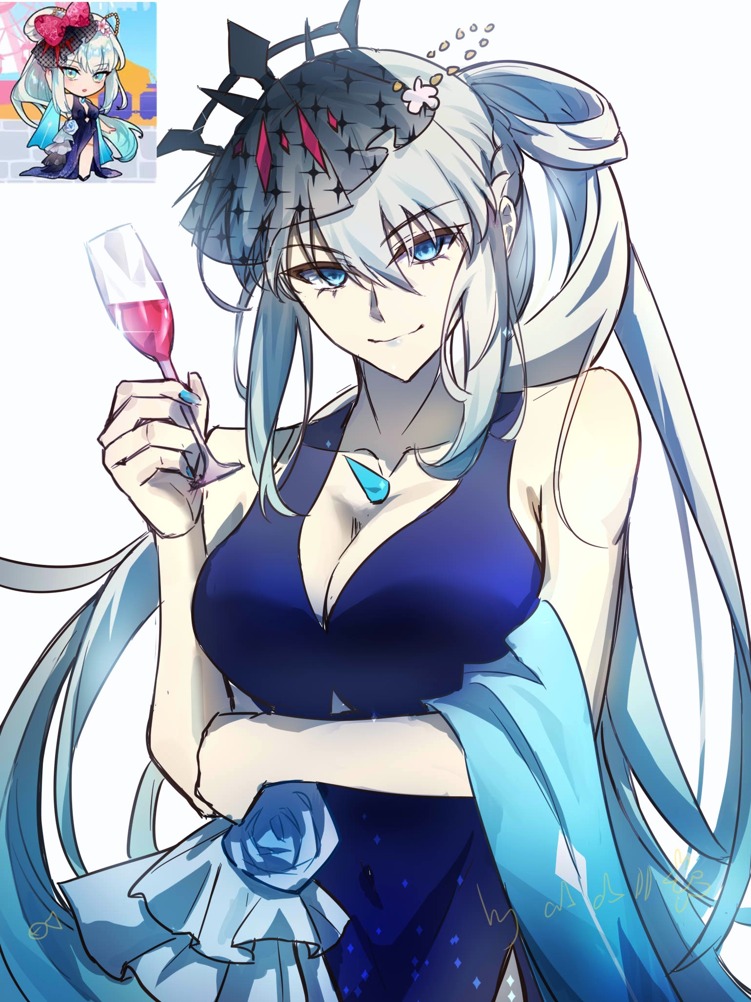 morgan le fay (fate), fate/grand order, fate (series), highres, 1girl, alizi795, black tiara, blue dress, blue eyes, blue nails, dress, glass, hair between eyes, long hair, looking at viewer, nail polish, ponytail, smile, solo, spikes, tiara, veil, very long hair, white hair