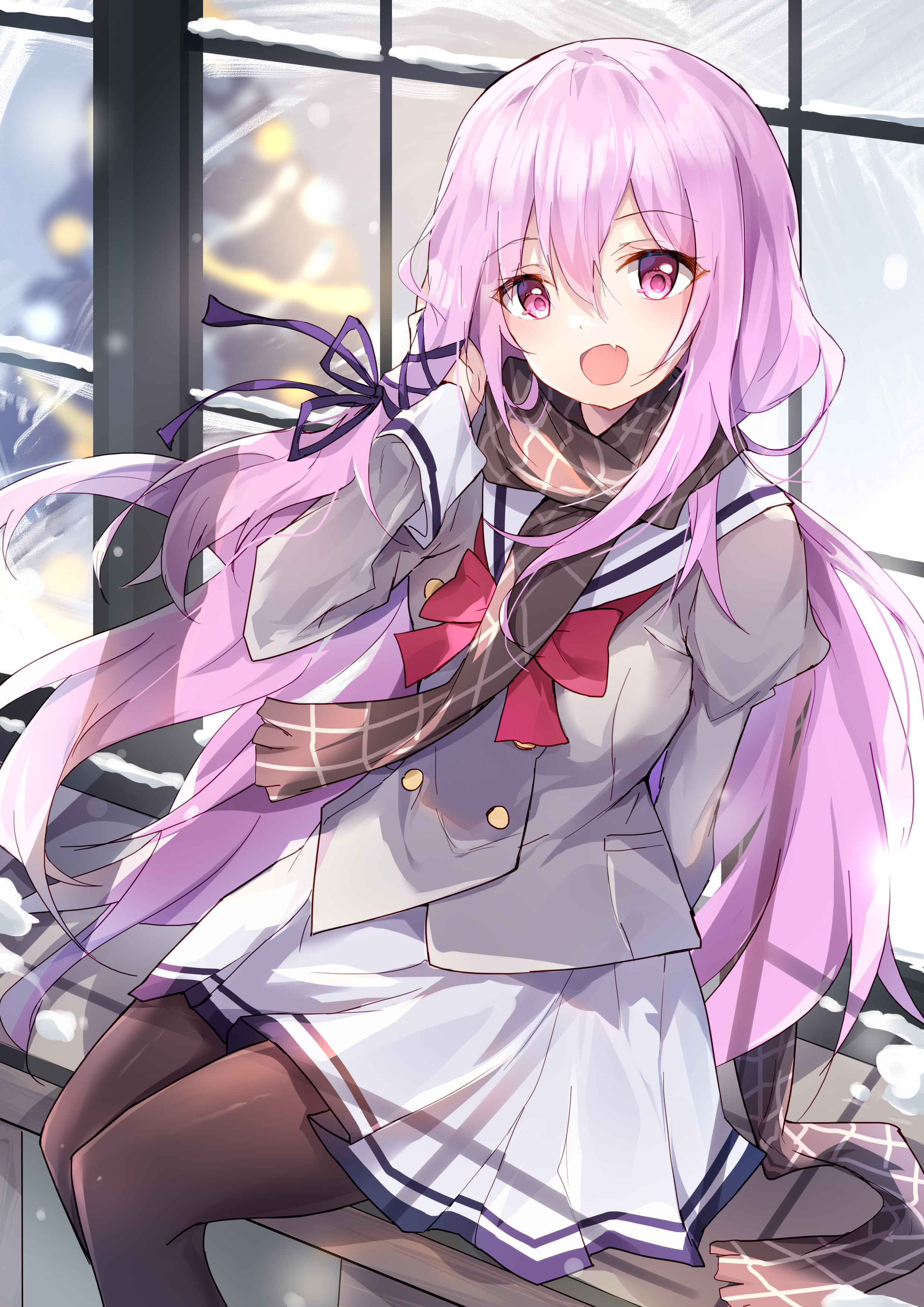 kyou shuka, kisara (engage kiss), engage kiss, absurdres, highres, 1girl, black pantyhose, bow, bowtie, brown scarf, buttons, christmas, christmas tree, double-breasted, fang, grey jacket, hair between eyes, hair ribbon, jacket, juliet sleeves, long hair, long sleeves, looking at viewer, open mouth, pantyhose, pink eyes, pink hair, plaid clothes, plaid scarf, puffy sleeves, red bow, red bowtie, ribbon, sailor collar, scarf, school uniform, sitting, skin fang, skirt, smile, snow, solo, very long hair, white sailor collar, white skirt, window