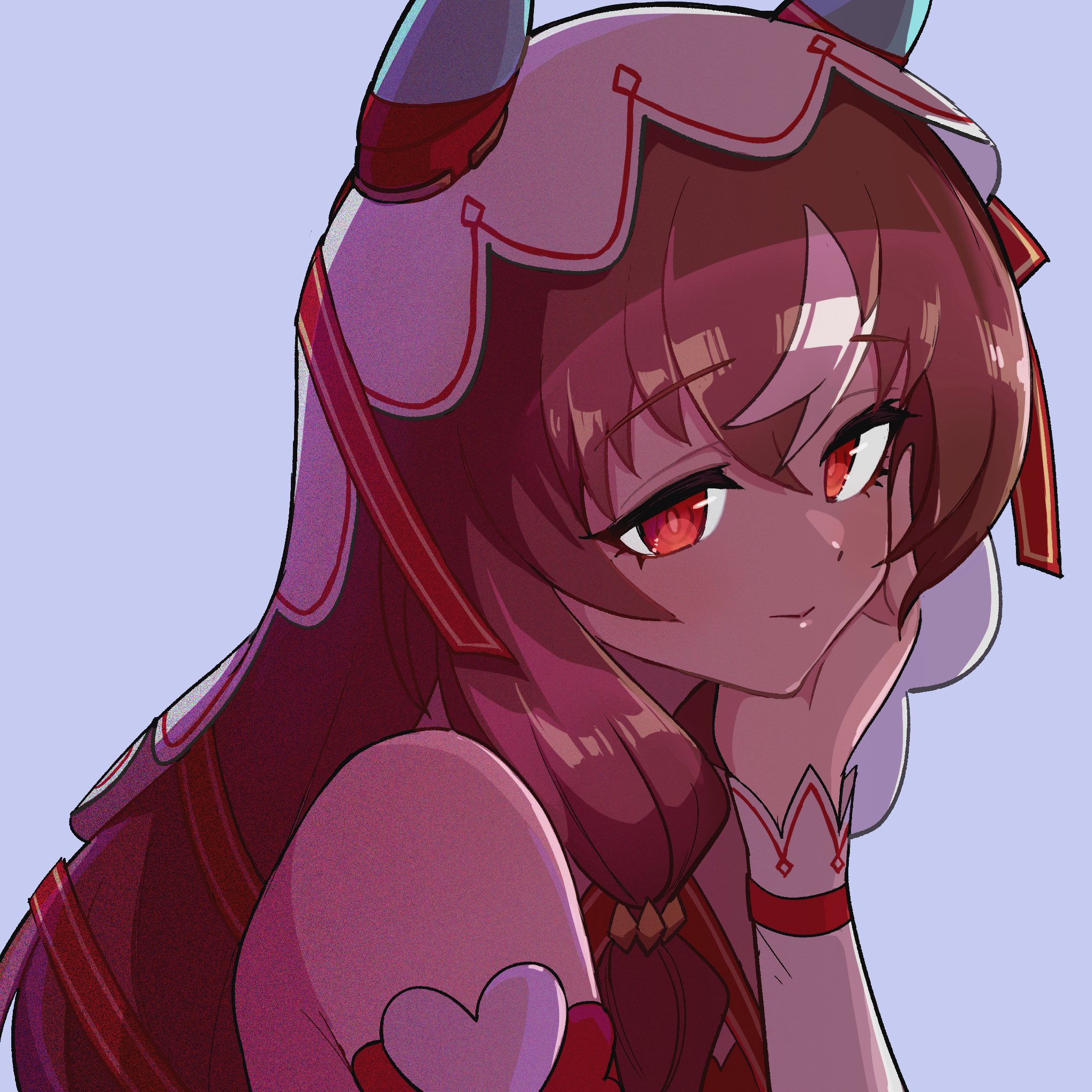 still in love (umamusume), umamusume, commentary request, highres, 1girl, bare shoulders, brown hair, closed mouth, ear covers, hair between eyes, hand on own cheek, hand on own face, long hair, looking at viewer, red eyes, red ribbon, ribbon, shiotansushi, solo, upper body, veil, white arm warmers, white streaks, white veil