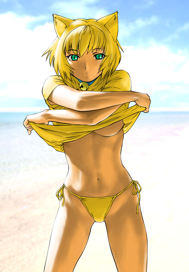 ueyama michirou, original, 1girl, animal ears, bell, bikini, blonde hair, breasts, female focus, green eyes, neck bell, short hair, side-tie bikini bottom, solo, swimsuit, underboob, undressing, yellow bikini