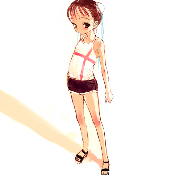 sasahara yuuki, 1girl, blush, brown eyes, brown hair, bun cover, camisole, denim, denim shorts, double bun, female focus, flat chest, hair bun, sandals, shorts, solo, standing