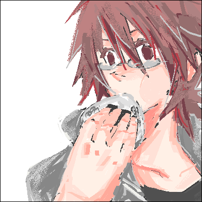 roark (pokemon), nintendo, pokemon, pokemon dppt, lowres, 00s, 1boy, border, food, glasses, gym leader, male focus, oekaki, onigiri, red eyes, red hair, simple background, solo, white background