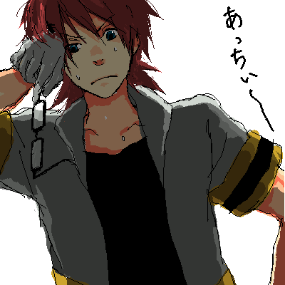 roark (pokemon), nintendo, pokemon, pokemon dppt, lowres, 00s, 1boy, glasses, green eyes, gym leader, male focus, oekaki, red hair, simple background, solo, sweat, white background