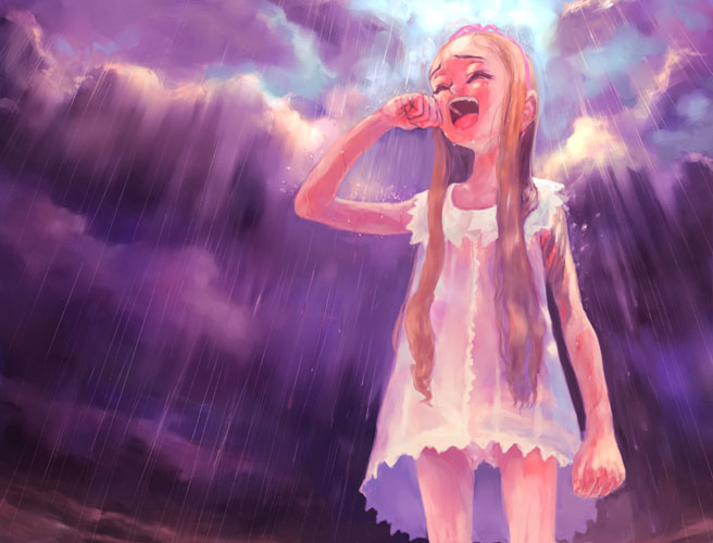 sasahara yuuki, cloud, lingerie, loli, long hair, nightgown, panties, rain, see-through clothes, solo, tears, underwear, wet, wet clothes