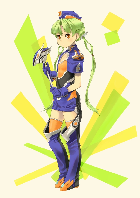 shimotsuki eight, original, bad id, bad pixiv id, flat chest, green hair, hat, long hair, orange eyes, solo, thighhighs, twintails, weapon