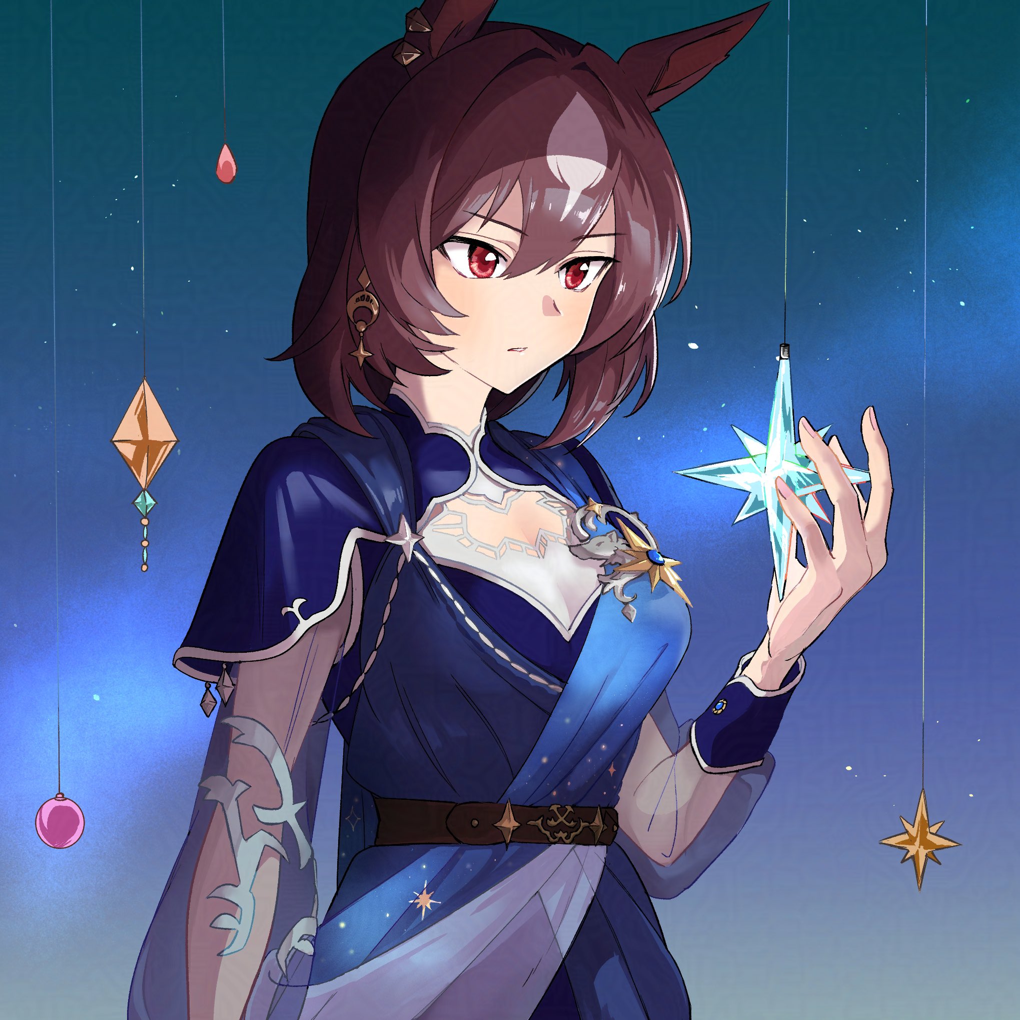 sirius symboli (louve stellaire) (umamusume), sirius symboli (umamusume), umamusume, commentary, highres, 1girl, animal ears, blue dress, breasts, brown hair, dress, ear ornament, hair between eyes, hair intakes, hand up, horse ears, horse girl, long hair, low ponytail, official alternate costume, ponytail, red eyes, see-through clothes, see-through sleeves, shiotansushi, solo, white streaks