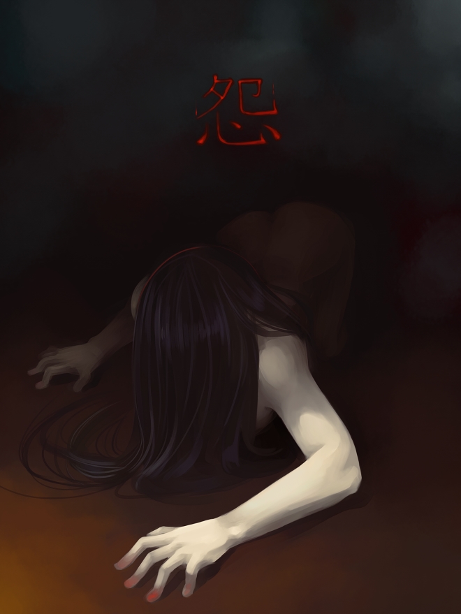 shimotsuki eight, yamamura sadako, the ring, bad id, bad pixiv id, translated, 1girl, ass, black hair, crawling, female focus, long hair, nude, solo