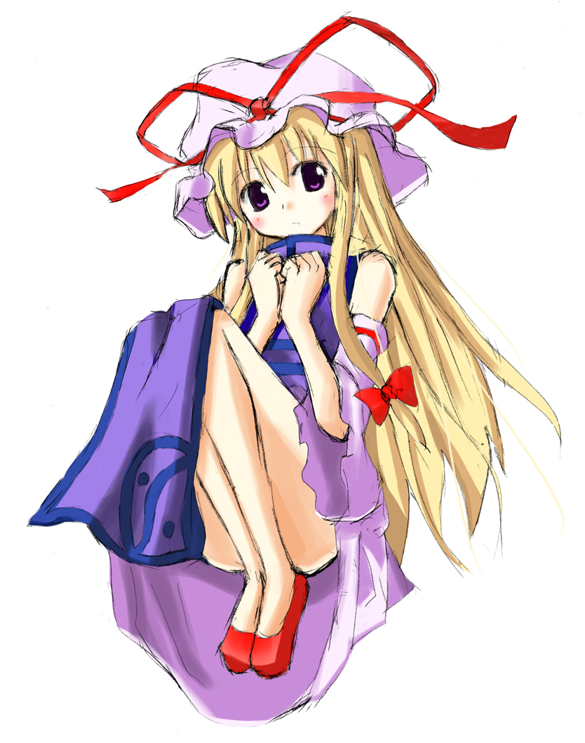 takatsuki, takatsuki (ive), yakumo yukari, touhou, bad id, bad pixiv id, 1girl, blonde hair, female focus, hat, mob cap, purple eyes, solo