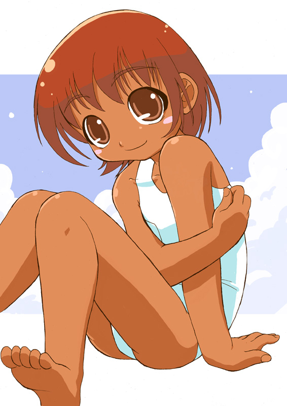 aab, aab ex, arm support, bare shoulders, blush, brown eyes, feet, flat chest, looking at viewer, on floor, one-piece swimsuit, school swimsuit, sitting, sleeveless, solo, swimsuit, white one-piece swimsuit, white school swimsuit