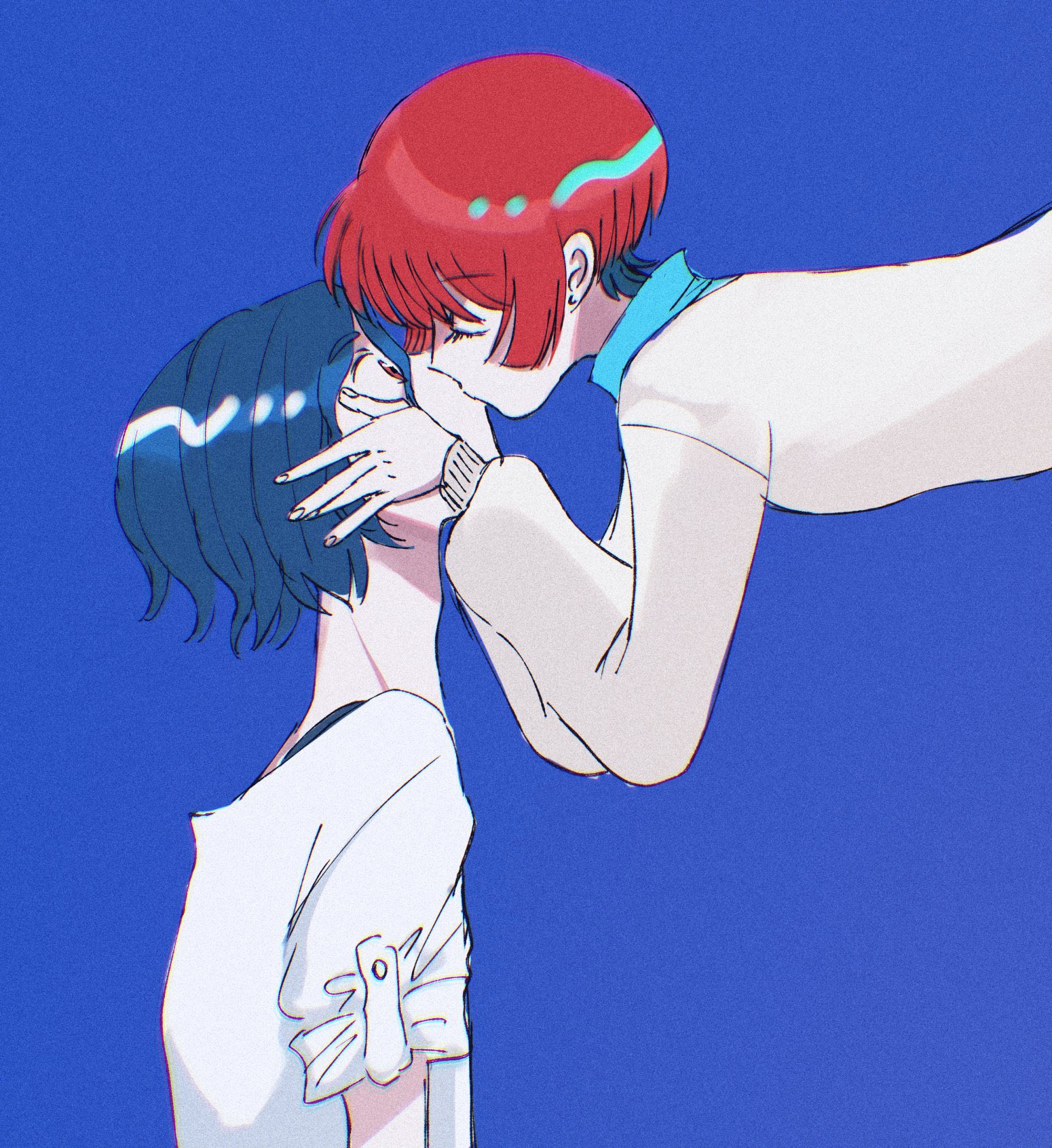 suubox, amate yuzuriha, shuji ito, gundam, gundam gquuuuuux, commentary request, highres, 1boy, 1girl, aqua shirt, blue background, blue hair, closed eyes, collared shirt, crescent, crescent earrings, earrings, hand on another's cheek, hand on another's face, jewelry, kiss, long sleeves, looking up, multicolored hair, red eyes, red hair, school uniform, shirt, short hair, simple background, sleeves rolled up, sweater, two-tone hair, upper body, white shirt, white sweater, wide-eyed