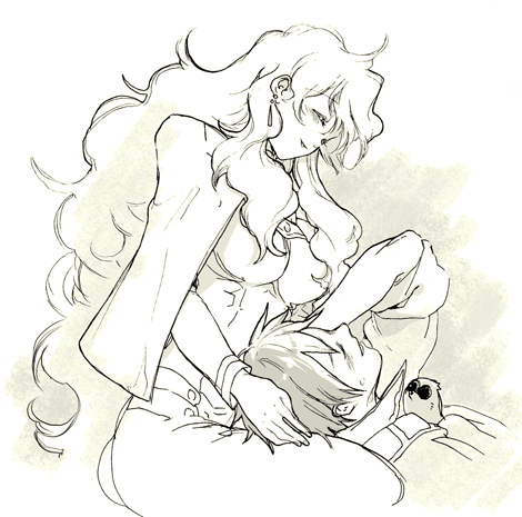 kanke (yonkuma), nia teppelin, simon (ttgl), tengen toppa gurren lagann, lowres, non-web source, 00s, 1boy, 1girl, couple, hetero, lap pillow, monochrome, yellow theme