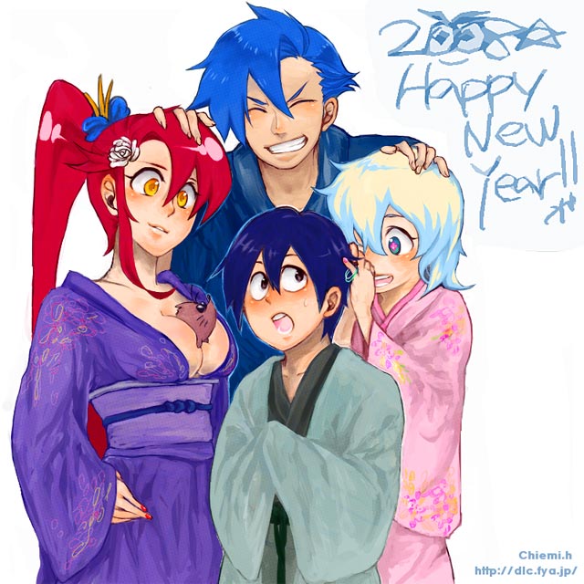 hikiya, boota (ttgl), kamina (ttgl), nia teppelin, simon (ttgl), yoko littner, tengen toppa gurren lagann, 00s, 2boys, 2girls, animal, animal between breasts, between breasts, breasts, japanese clothes, kimono, multiple boys, multiple girls