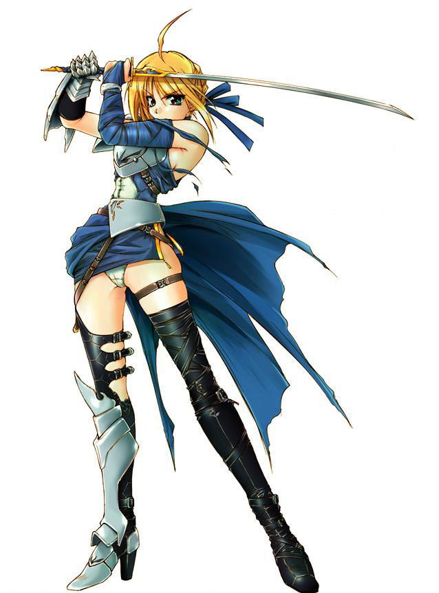 onaya masakazu, artoria pendragon (fate), saber (fate), fate/stay night, fate (series), jpeg artifacts, 00s, 1girl, adapted costume, ahoge, armor, armored dress, armpits, bare shoulders, belt, blonde hair, blue dress, boots, braid, braided bun, breasts, bridal gauntlets, detached sleeves, dress, female focus, full body, gauntlets, greaves, green eyes, hair bun, high heels, holding, holding sword, holding weapon, katana, looking at viewer, microdress, panties, serious, shoes, short hair, sideboob, sidelocks, simple background, single gauntlet, single greave, small breasts, solo, standing, sword, thigh boots, thigh strap, thighhighs, underwear, v-shaped eyebrows, weapon, white background, white panties