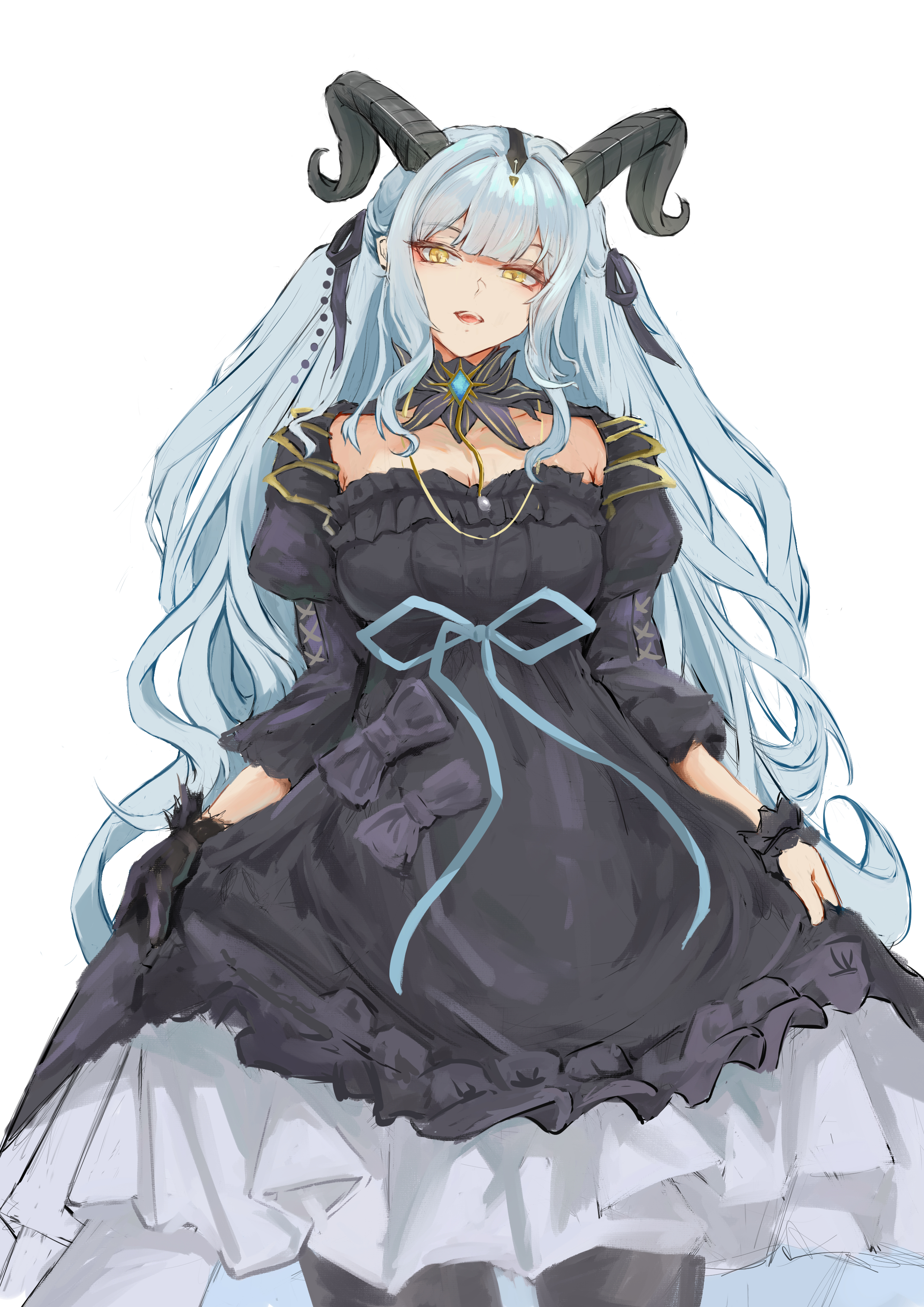 lanshan, togawa sakiko, arknights, bang dream!, bang dream! it's mygo!!!!!, absurdres, commentary request, highres, 1girl, black dress, black gloves, black horns, black pantyhose, black ribbon, blue hair, blue ribbon, blunt bangs, breasts, cowboy shot, curled horns, detached collar, dress, frilled dress, frills, gloves, hair ribbon, horns, long hair, looking at viewer, medium breasts, open mouth, pantyhose, ribbon, sidelocks, simple background, single glove, skirt hold, smile, solo, standing, togawa sakiko (master of melodia), two side up, white background, wrist cuffs, yellow eyes