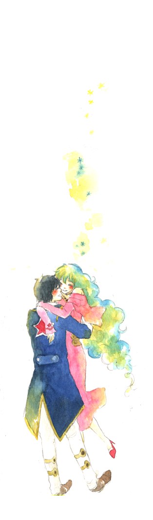 nia teppelin, simon (ttgl), tengen toppa gurren lagann, long image, non-web source, tall image, 00s, 1boy, 1girl, blonde hair, blue hair, couple, curly hair, dress, full body, hetero, hug, logo, long hair, long sleeves, multicolored hair, pink dress, simple background, standing, two-tone hair, very long hair, white background