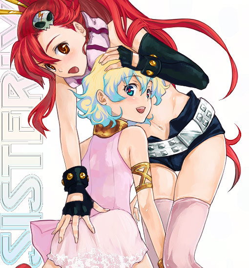 nia teppelin, yoko littner, tengen toppa gurren lagann, pink legwear, non-web source, + +, 00s, 2girls, :d, armlet, belt, black gloves, blue eyes, blue hair, blush, brown eyes, buckle, cross-shaped pupils, dress, fingerless gloves, gloves, hair ornament, holding, hug, jewelry, long hair, looking at viewer, midriff, multicolored hair, multiple girls, navel, open mouth, pink dress, ponytail, red hair, scarf, short hair, sitting, skull hair ornament, smile, standing, stomach, symbol-shaped pupils, thigh gap, thighhighs, two-tone hair, very long hair