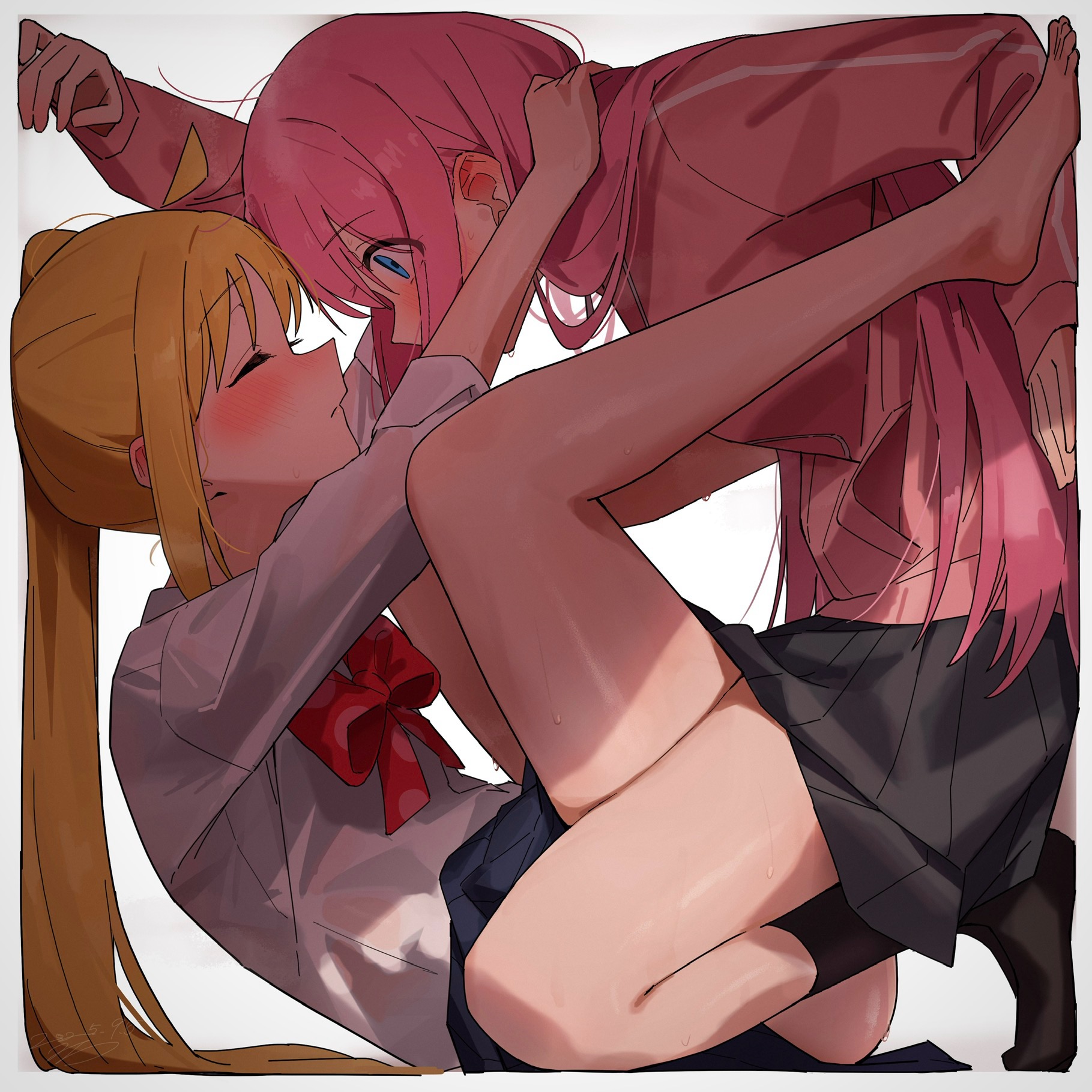 seisyuntarotto, gotoh hitori, ijichi nijika, bocchi the rock!, commentary, highres, symbol-only commentary, 2girls, ahoge, barefoot, black skirt, blonde hair, blue eyes, blue skirt, blush, bow, bowtie, brown socks, closed eyes, closed mouth, collared shirt, cramped, jacket, long hair, long sleeves, multiple girls, no shoes, pink hair, pink jacket, pleated skirt, polka dot, polka dot bow, polka dot bowtie, red bow, red bowtie, school uniform, shirt, shuka high school uniform, side ponytail, sidelocks, skirt, socks, sweat, track jacket, white shirt, yuri