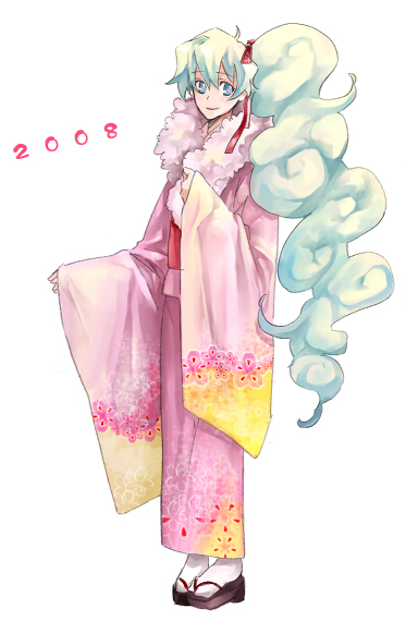 nia teppelin, tengen toppa gurren lagann, white legwear, non-web source, + +, 00s, 1girl, 2008, alternate costume, blonde hair, blue eyes, blue hair, closed mouth, cross-shaped pupils, curly hair, female focus, floral print, full body, fur collar, geta, japanese clothes, kimono, long hair, long sleeves, okobo, pink kimono, platform sandals, ponytail, sandals, sash, simple background, smile, solo, standing, symbol-shaped pupils, tabi, very long hair, white background, wide sleeves