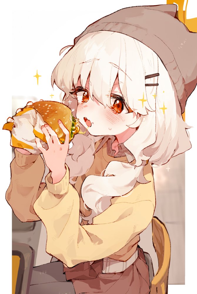 rimukoro, aoba (blue archive), blue archive, 1girl, aoba (mom's touch) (blue archive), blush, burger, food, hair ornament, hairclip, hat, holding, holding burger, holding food, long hair, long sleeves, open mouth, pantyhose, sitting, skirt, solo, sweater, white hair