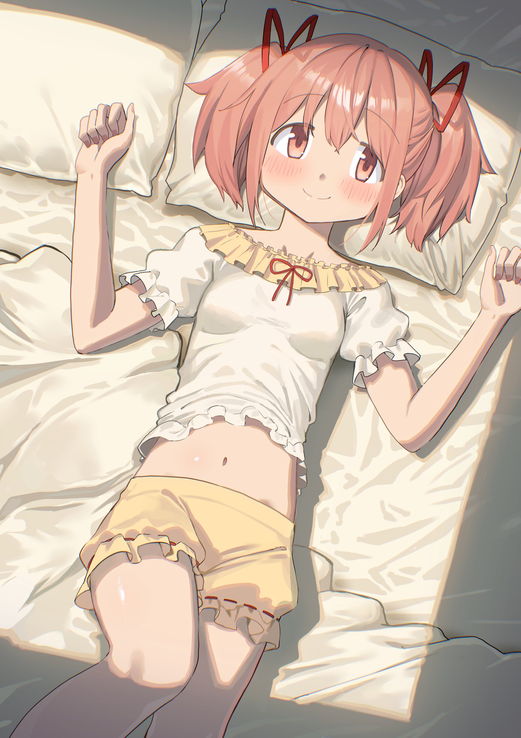 cocoa (ultra mdk), kaname madoka, mahou shoujo madoka magica, mahou shoujo madoka magica (anime), absurdres, commentary, highres, 1girl, blanket, blush, breasts, closed mouth, feet out of frame, hair ribbon, lying, midriff, navel, on back, on bed, pillow, pink eyes, pink hair, red ribbon, ribbon, shirt, short hair, short sleeves, short twintails, shorts, sidelocks, small breasts, smile, solo, twintails, white shirt, yellow shorts