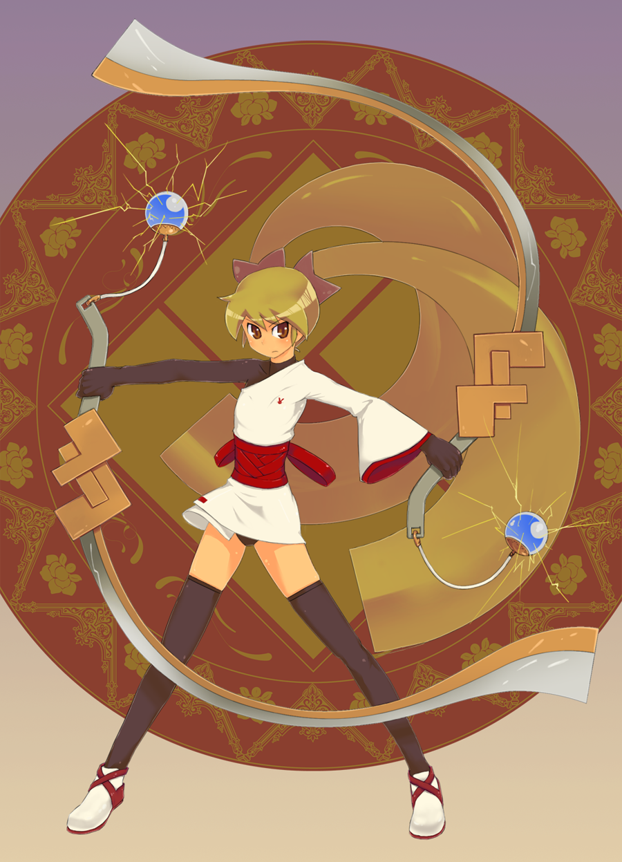 takada ken'ichi, original, bad id, bad pixiv id, highres, blonde hair, long hair, solo, thighhighs, twintails, weapon