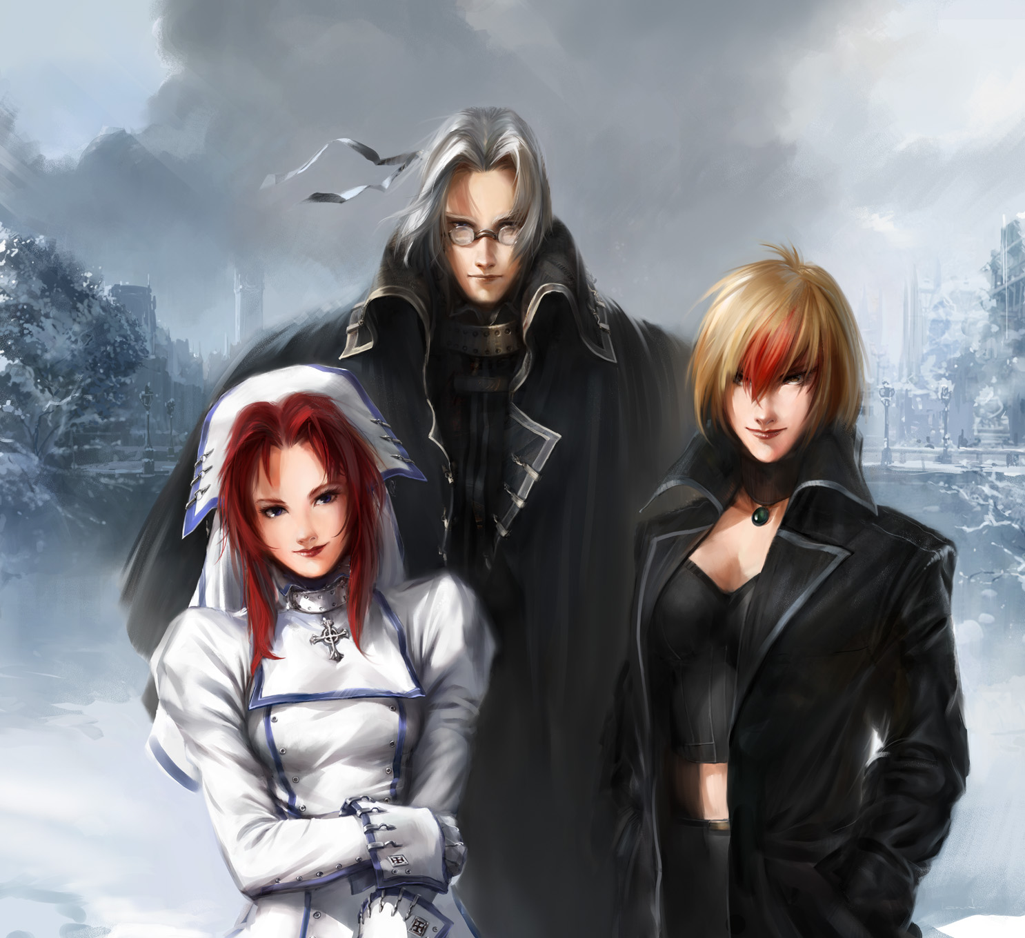 abel nightroad, astharoshe asran, esther blanchett, trinity blood, highres, 00s, 1boy, 2girls, blonde hair, celtic cross, coat, cross, glasses, hat, latin cross, midriff, multicolored hair, multiple girls, nun, red hair, snow, trench coat, two-tone hair, yellow eyes