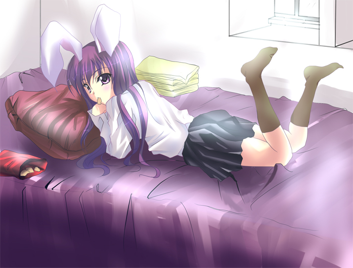 reisen udongein inaba, touhou, 1girl, animal ears, bed, chips (food), female focus, food, head rest, kneehighs, legs up, long hair, lying, mouth hold, on bed, on stomach, purple eyes, purple hair, rabbit ears, school uniform, serafuku, skirt, socks, solo