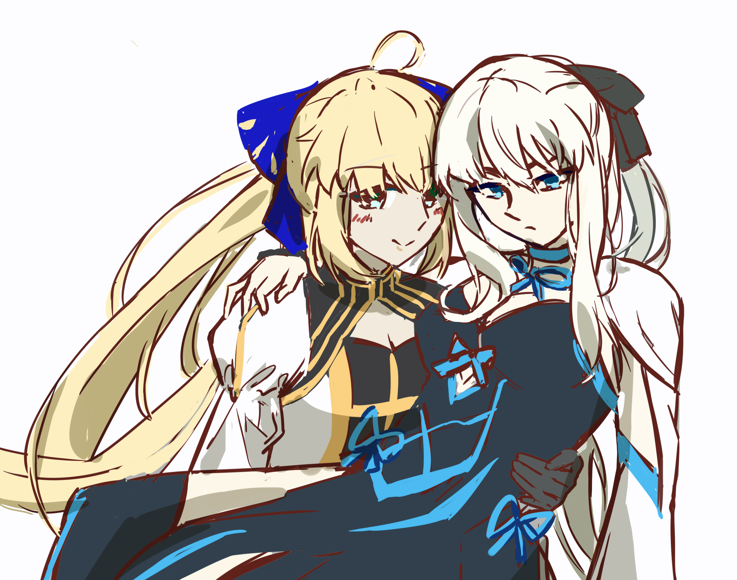 artoria caster (fate), artoria caster (third ascension) (fate), artoria pendragon (fate), morgan le fay (fate), morgan le fay (first ascension) (fate), fate/grand order, fate (series), highres, 2girls, alizi795, black bow, black dress, blonde hair, blue choker, blue eyes, bow, carrying, choker, dress, green eyes, hair between eyes, hair bow, long hair, long sleeves, looking at viewer, multiple girls, ponytail, princess carry, simple background, smile, very long hair, white background, white hair