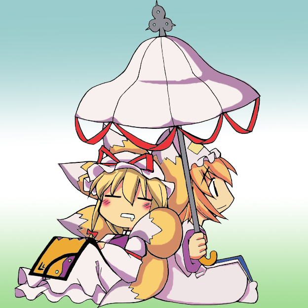 yakumo ran, yakumo yukari, touhou, 2girls, animal ears, animal hat, blonde hair, chibi, female focus, fox ears, fox tail, hat, holding, holding umbrella, long sleeves, mob cap, multiple girls, ribbon, short hair, sleeping, tail, umbrella, wide sleeves