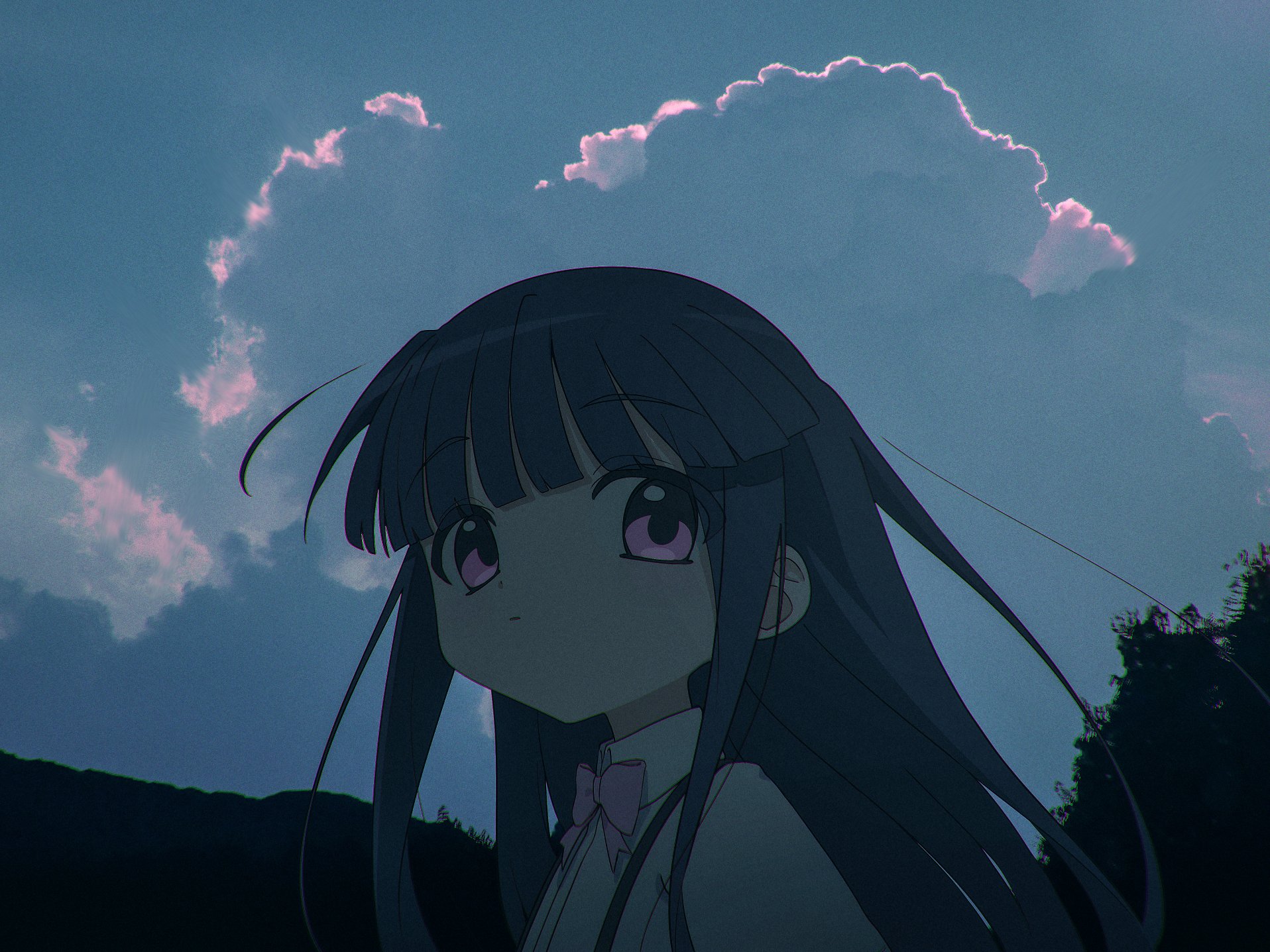 kurobeko (kur0bek0), furude rika, higurashi no naku koro ni, highres, 1girl, blue hair, blue sky, blunt bangs, bow, bowtie, closed mouth, cloud, evening, from side, long hair, looking at viewer, outdoors, portrait, purple bow, purple bowtie, purple eyes, shirt, sky, solo, suspenders, white shirt