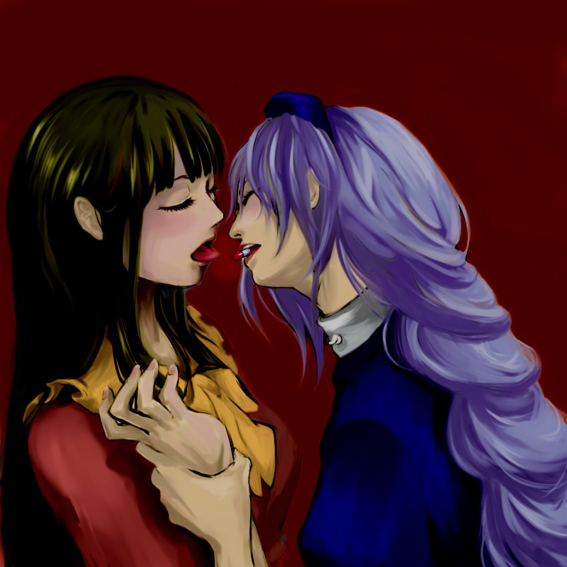 satou, houraisan kaguya, yagokoro eirin, touhou, 2girls, black hair, drugs, female focus, hat, long hair, multiple girls, pill, yuri